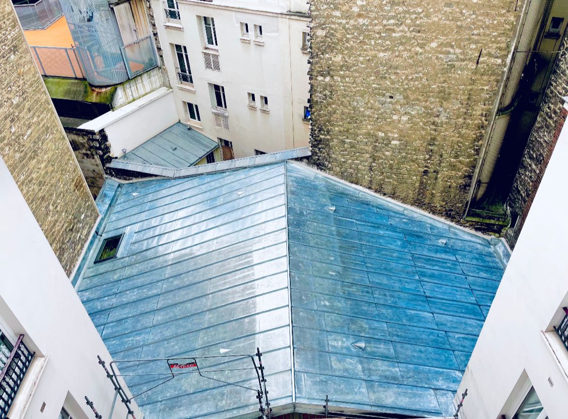 Vue aérienne toits parisiens.