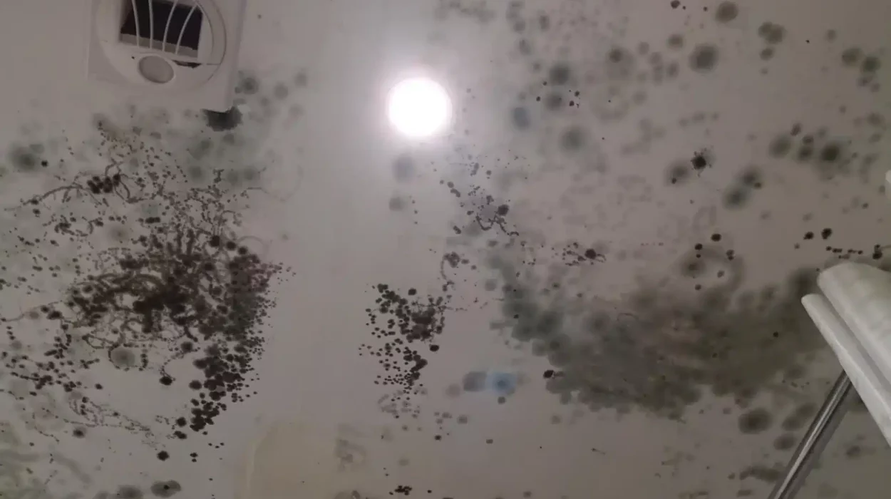 Plafond avec moisissure et ampoule allumée.