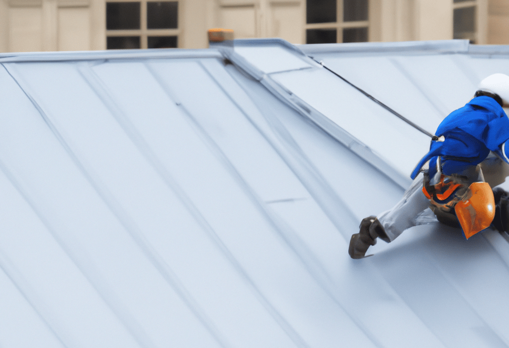 Artisan installant toiture métallique.