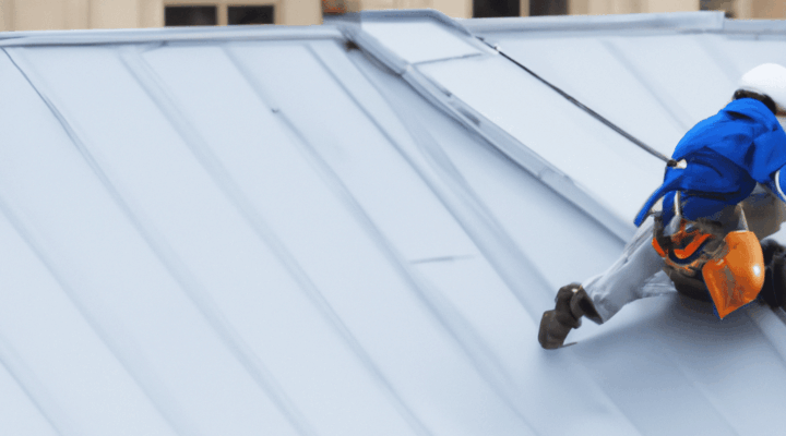 Artisan installant toiture métallique.