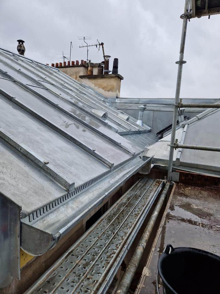 Toiture en zinc sous ciel nuageux.