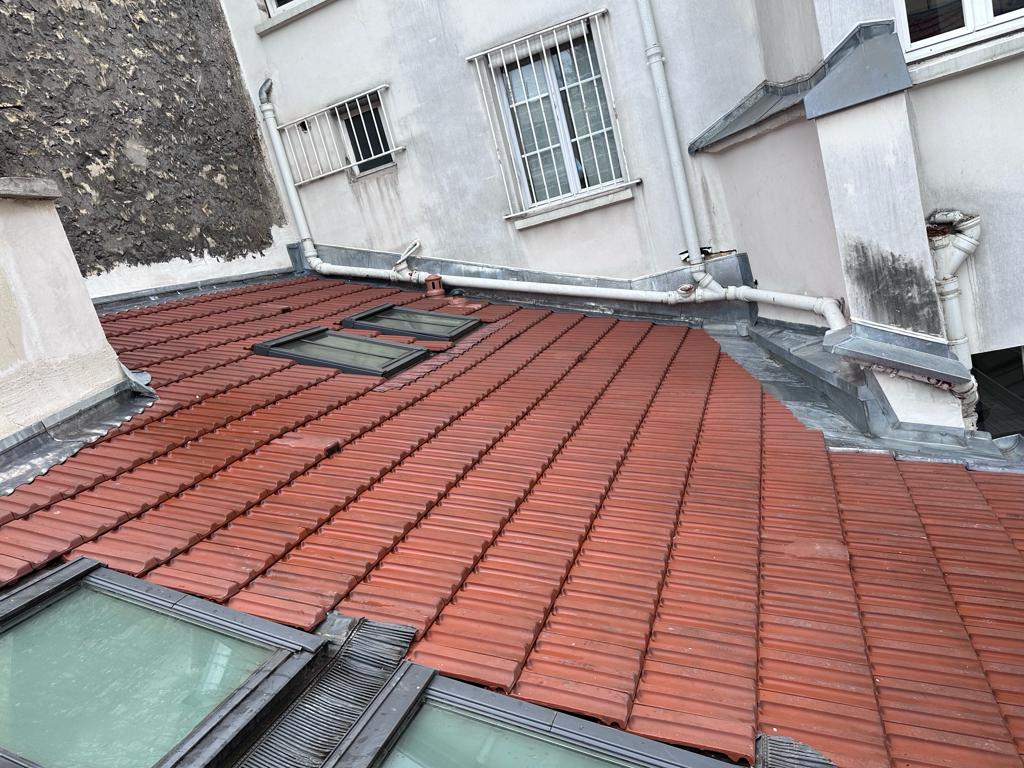 Toit en tuiles rouges avec fenêtres de toit.