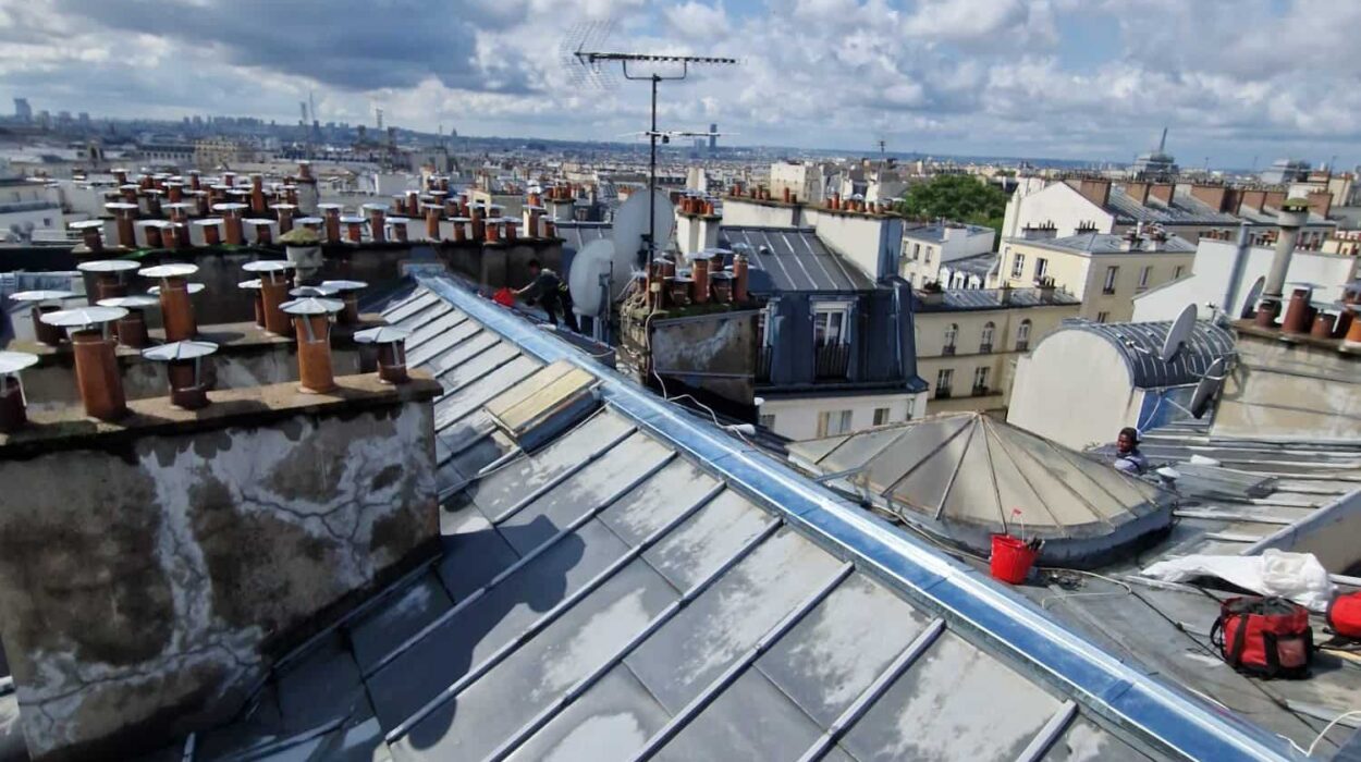 Toits en zinc sous ciel bleu à Paris.